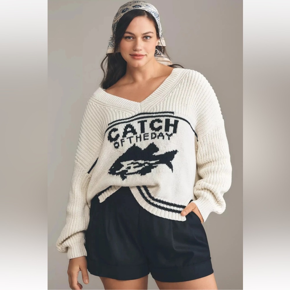 Anthropologie Cream and Black Graphic V-Neck Sweater